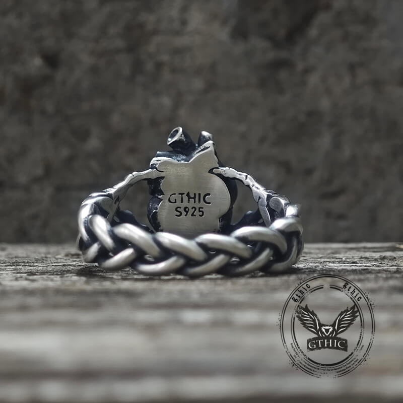 Gothic Skull Hands Holding Heart Sterling Silver Ring