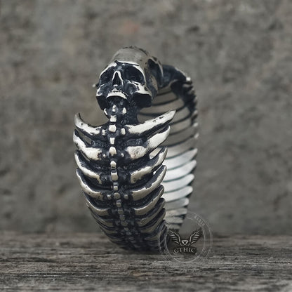 Gothic Skull Head Spine Sterling Silver Ring