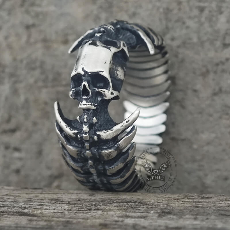 Gothic Skull Head Spine Sterling Silver Ring