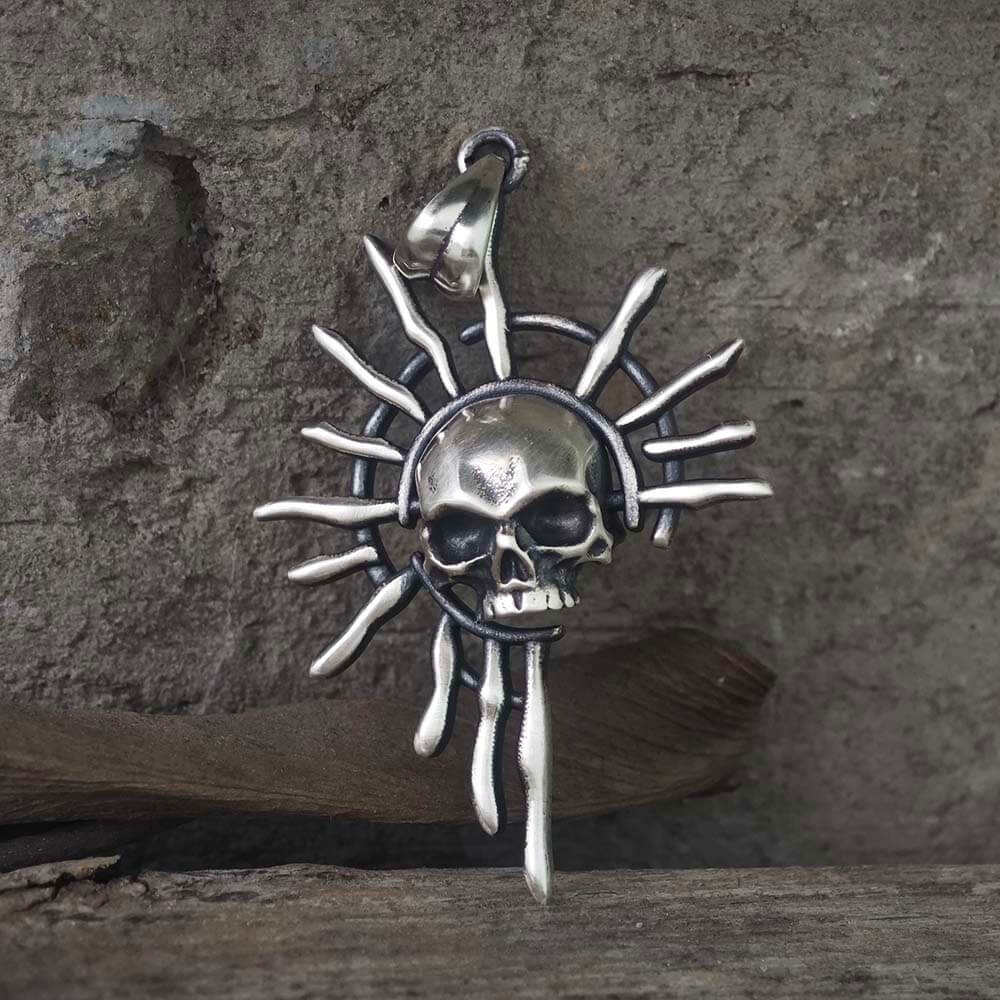 Gothic Skull Sun God Sterling Silver Monster Pendant