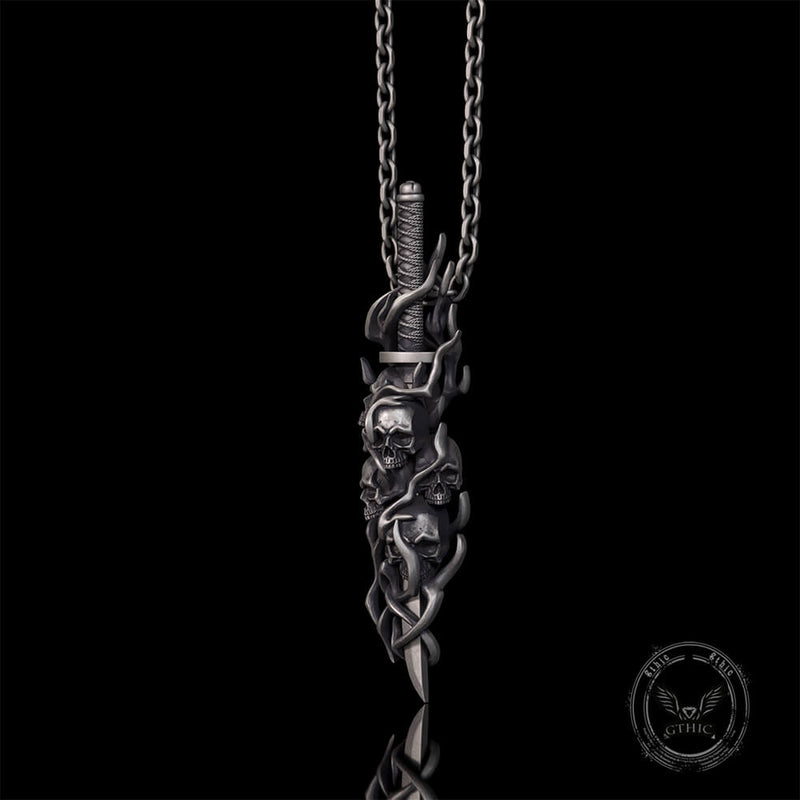Gothic Skull Thorn Sword Sterling Silver Pendant