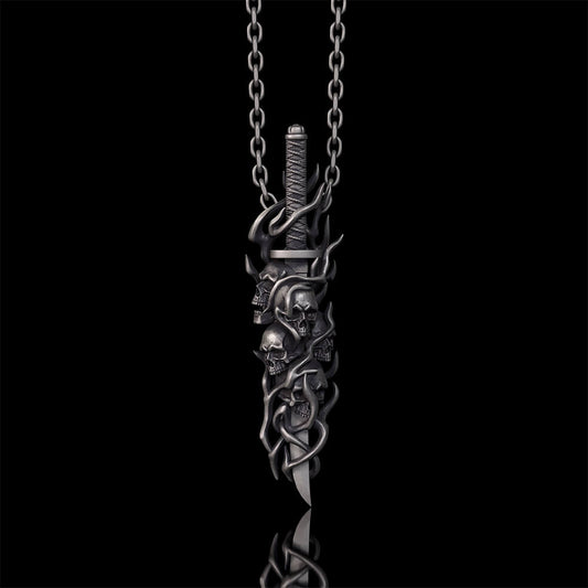 Gothic Skull Thorn Sword Sterling Silver Pendant