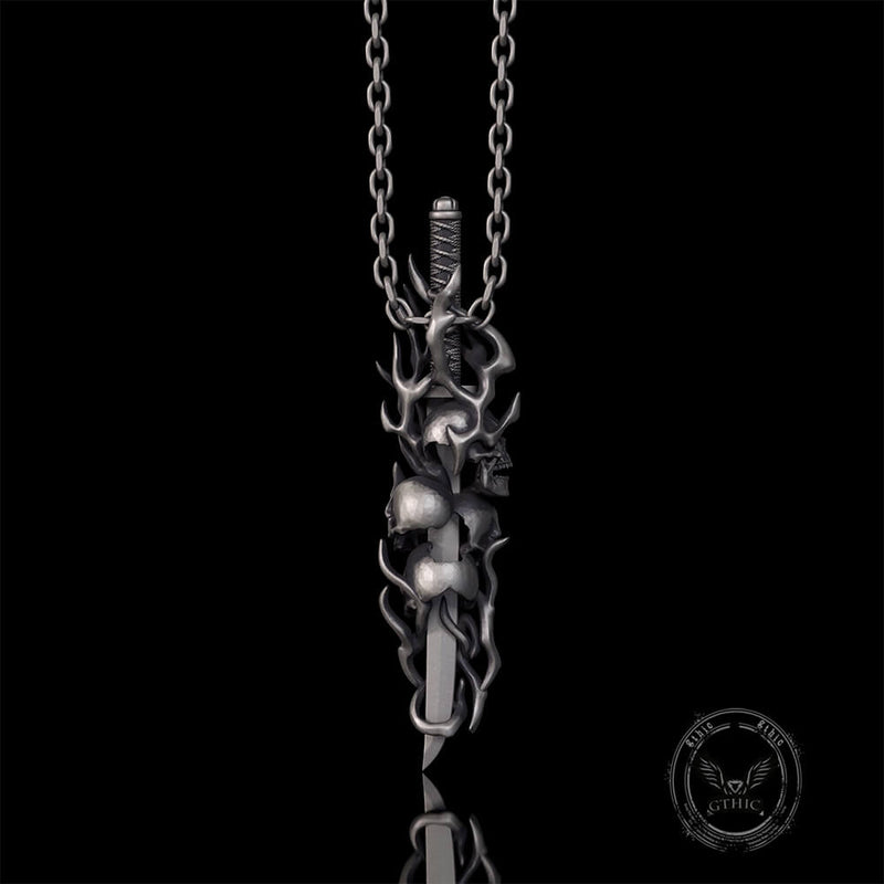 Gothic Skull Thorn Sword Sterling Silver Pendant
