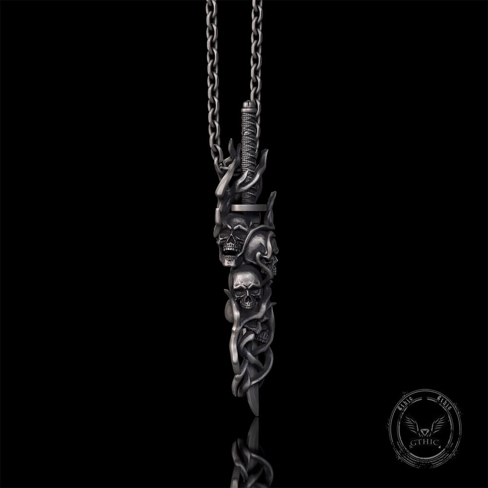 Gothic Skull Thorn Sword Sterling Silver Pendant