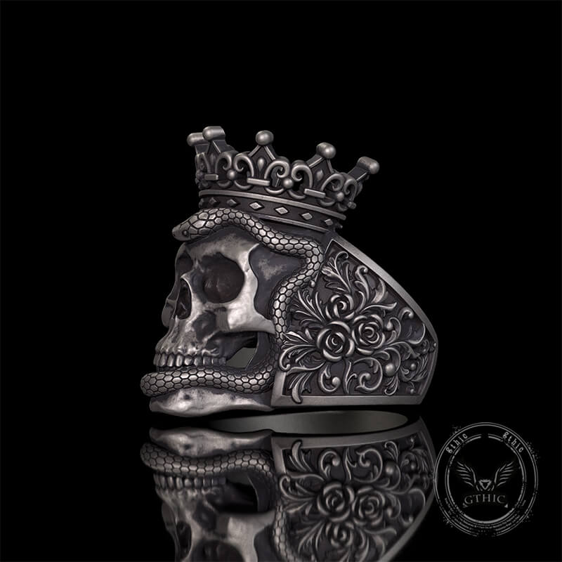 Gothic Snake Entwined Crown Skull Sterling Silver Ring
