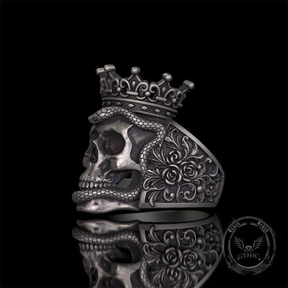 Gothic Snake Entwined Crown Skull Sterling Silver Ring