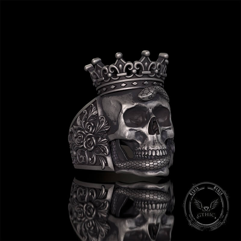 Gothic Snake Entwined Crown Skull Sterling Silver Ring