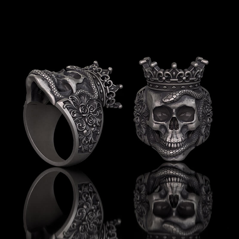 Gothic Snake Entwined Crown Skull Sterling Silver Ring
