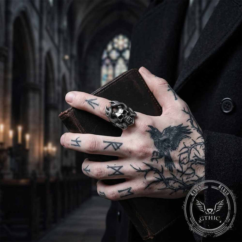 Gothic Snake Wrapped Horn Skull Stainless Steel Ring
