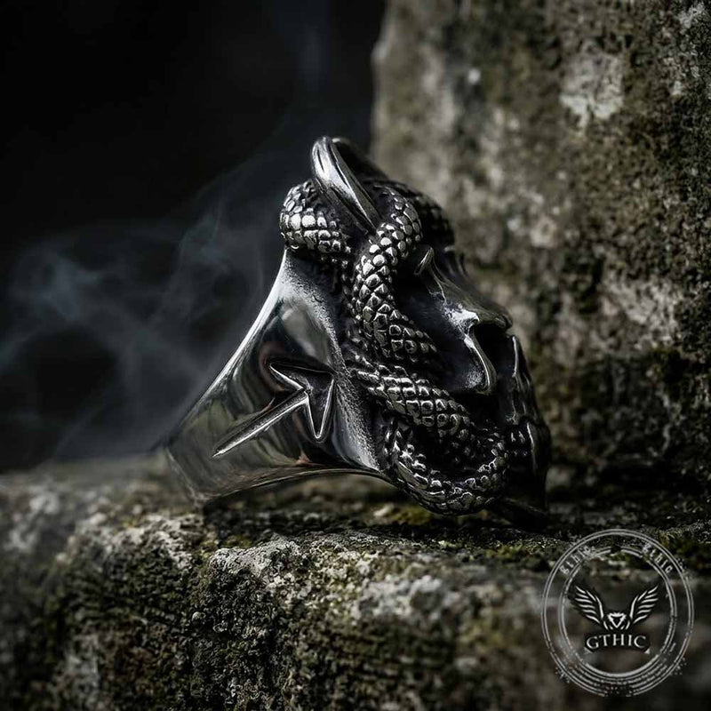 Gothic Snake Wrapped Horn Skull Stainless Steel Ring