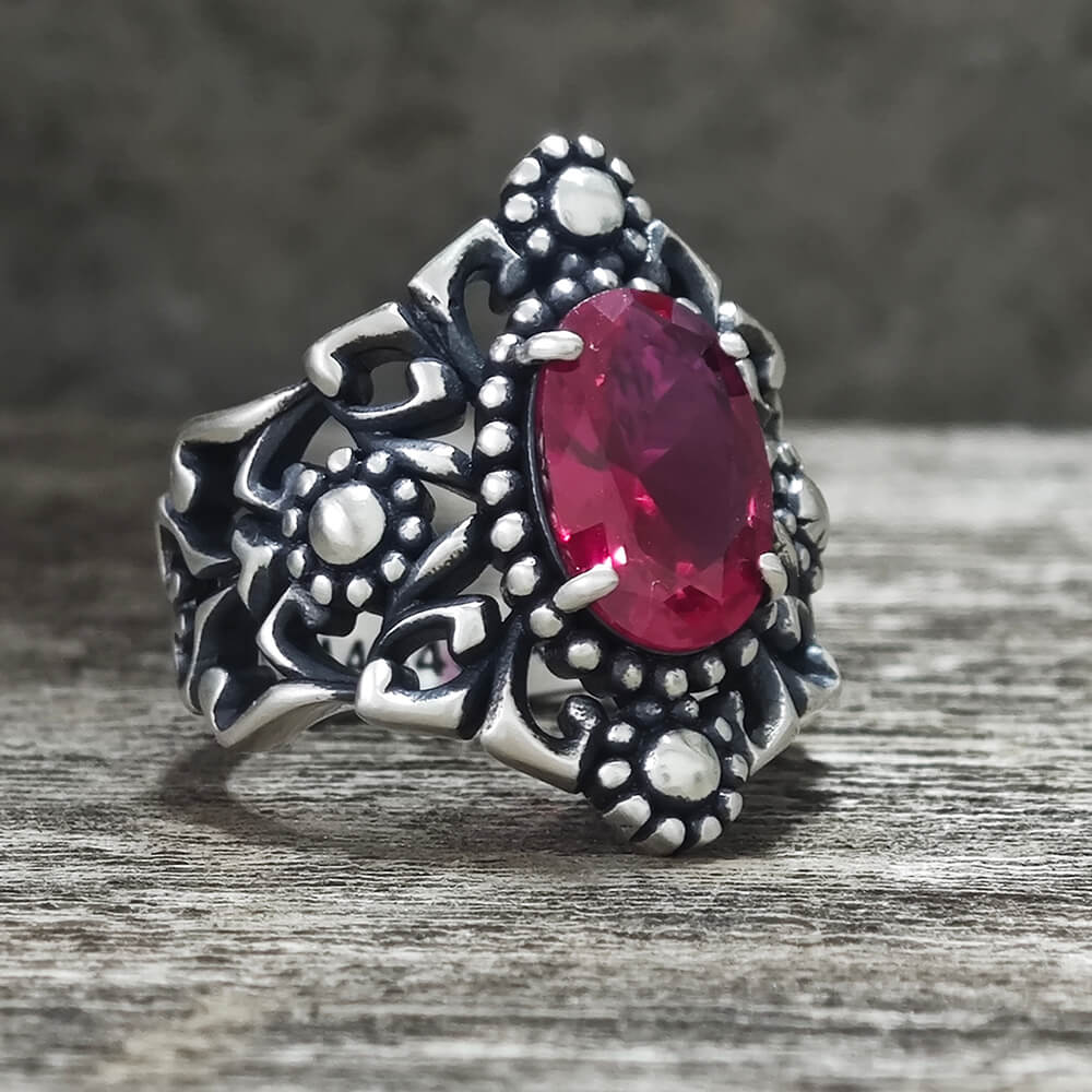 Gothic Sunflower Pattern Gemstone Sterling Silver Ring