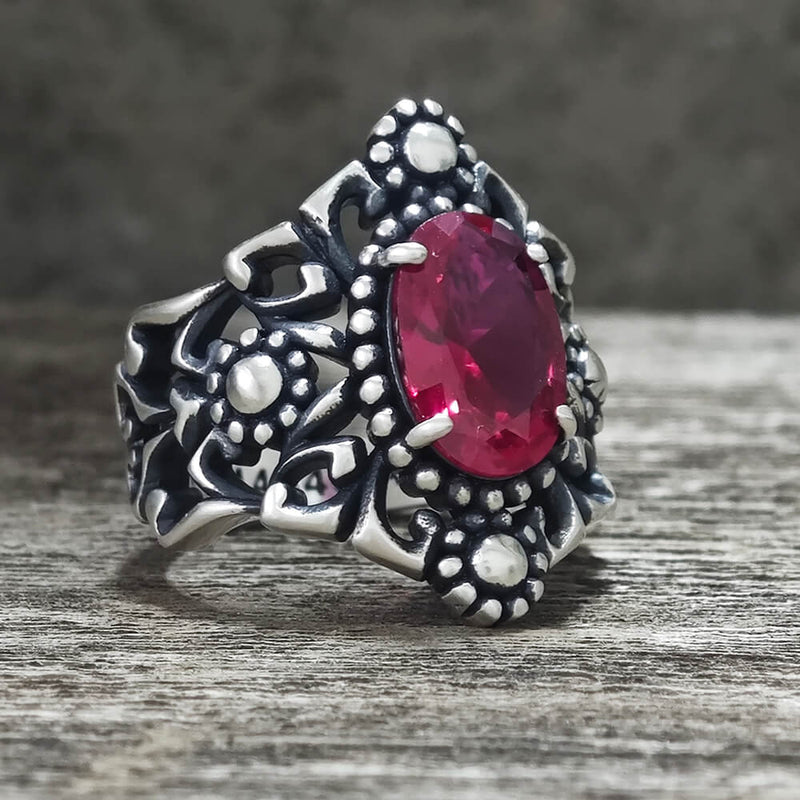 Gothic Sunflower Pattern Gemstone Sterling Silver Ring