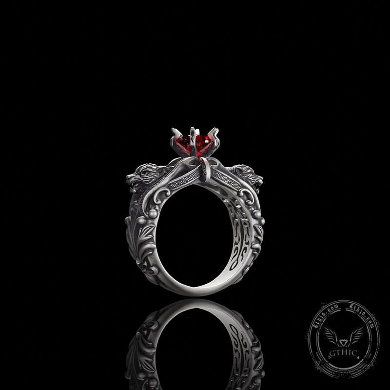 Gothic Tiger Heads Red Gem Sterling Silver Ring