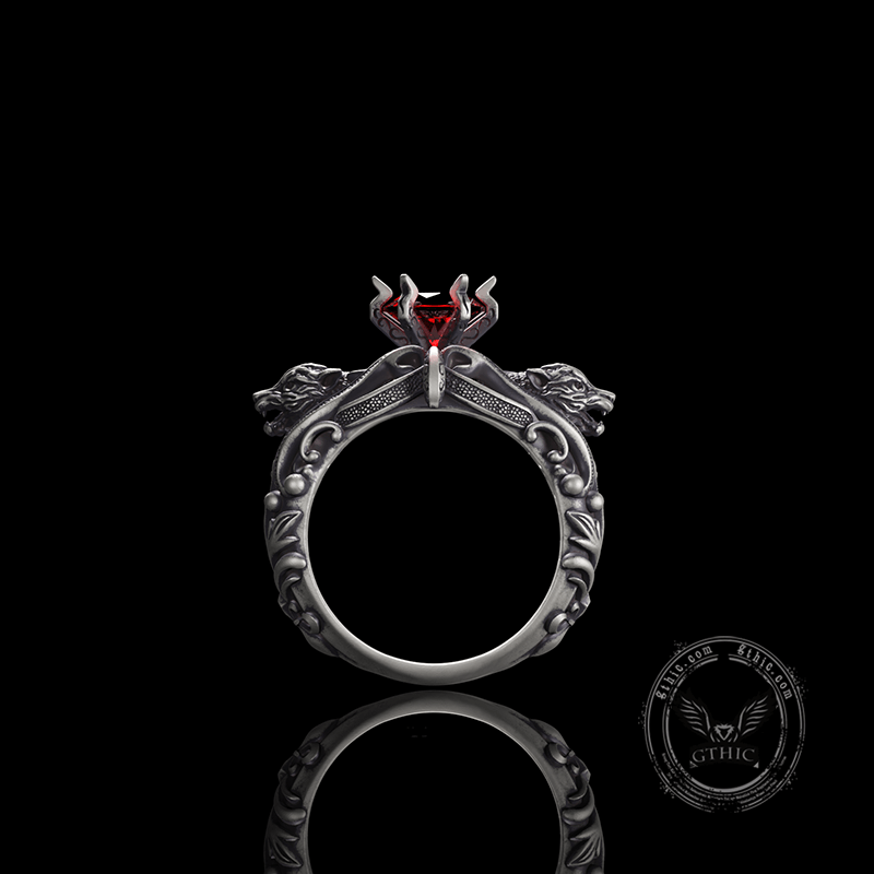 Gothic Tiger Heads Red Gem Sterling Silver Ring