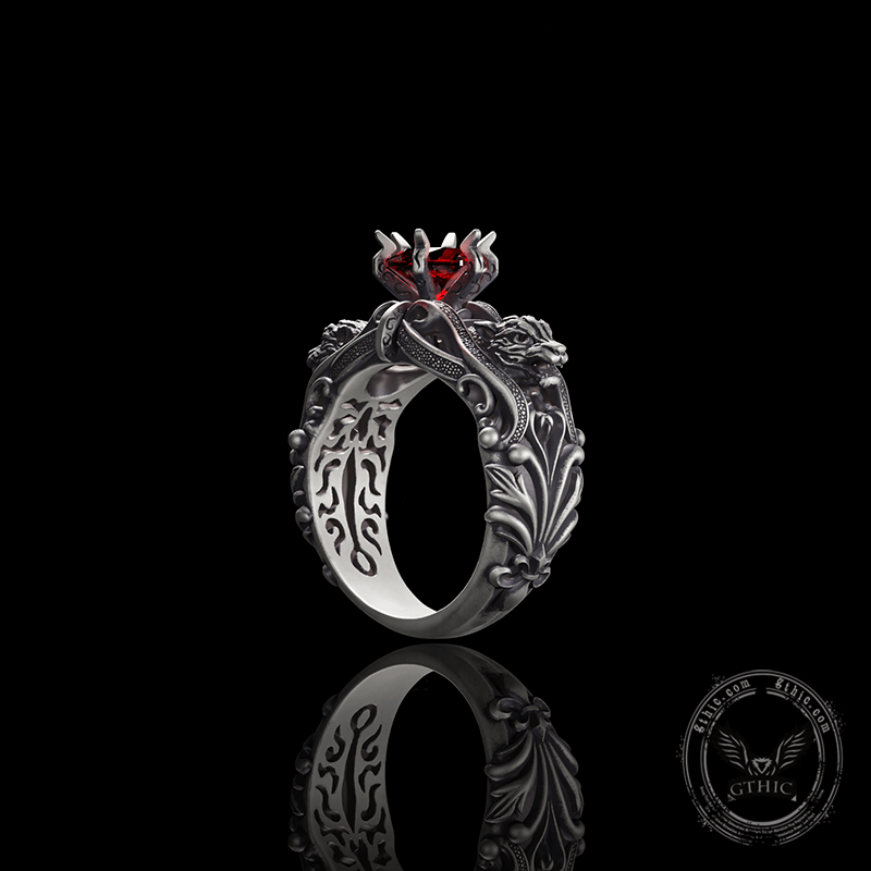 Gothic Tiger Heads Red Gem Sterling Silver Ring