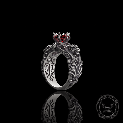 Gothic Tiger Heads Red Gem Sterling Silver Ring