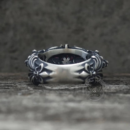 Gothic Tiger Heads Red Gem Sterling Silver Ring