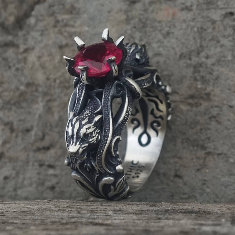 Gothic Tiger Heads Red Gem Sterling Silver Ring