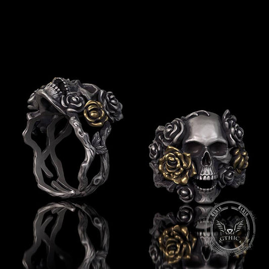 Gothic Vine Rose Skull Gem Sterling Silver Ring