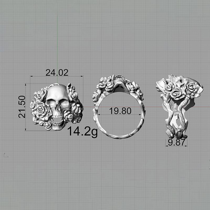 Gothic Vine Rose Skull Gem Sterling Silver Ring