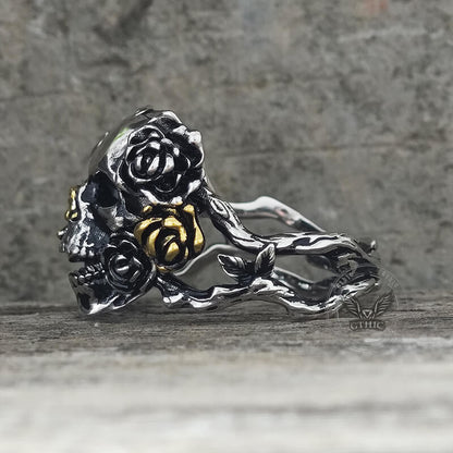 Gothic Vine Rose Skull Gem Sterling Silver Ring