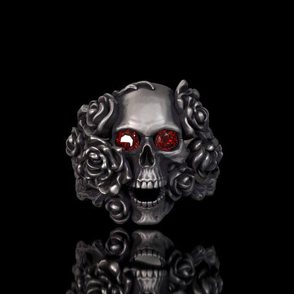 Gothic Vine Rose Skull Gem Sterling Silver Ring