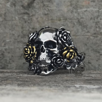 Gothic Vine Rose Skull Gem Sterling Silver Ring
