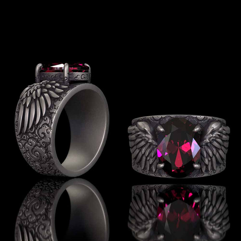 Gothic Winged Gem Vine Pattern Sterling Silver Ring