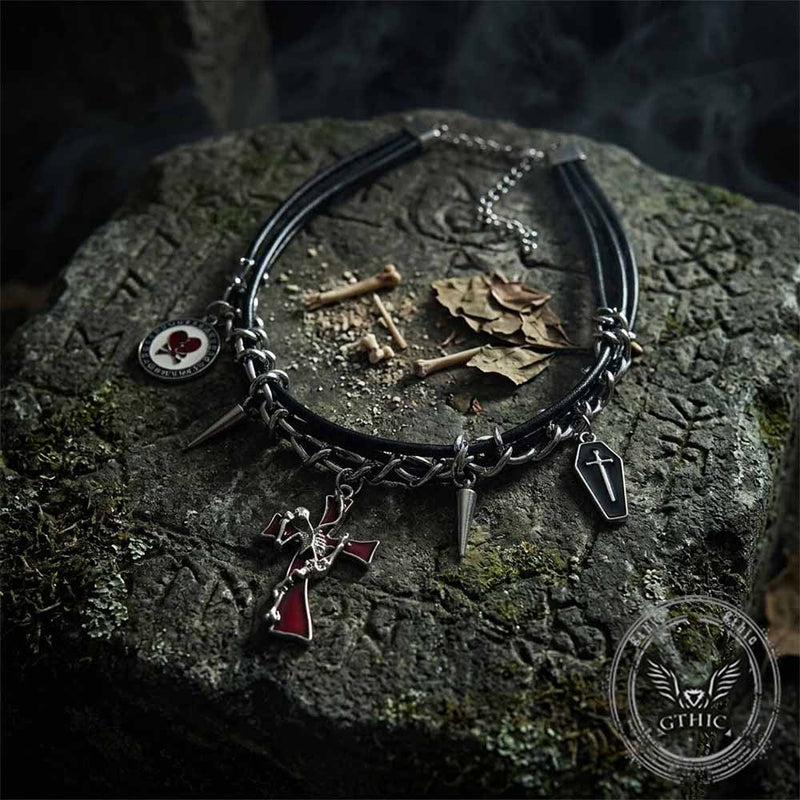 Gothic Y2k Cross Coffin Pu Leather Alloy Choker