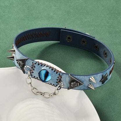 Gothic Y2k Gem Eye Skull Rivet Leather Choker Necklace