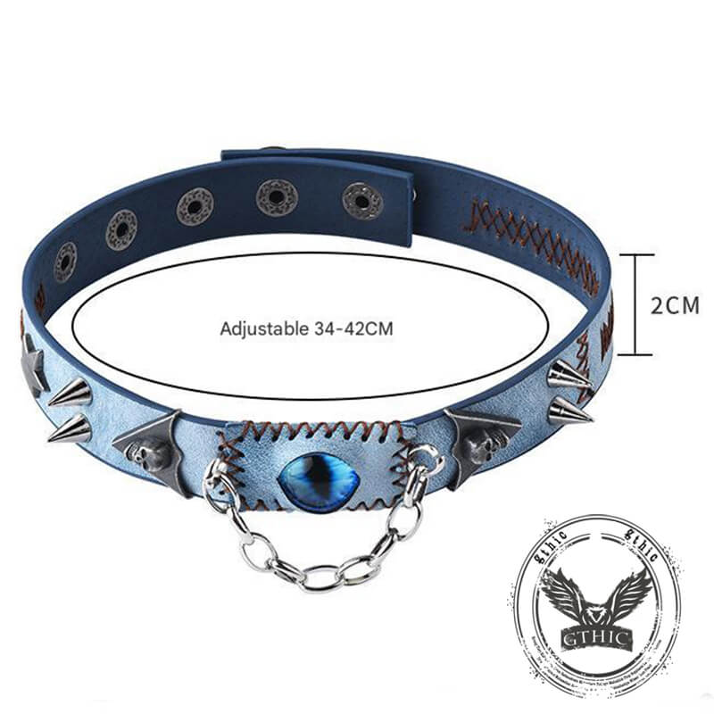Gothic Y2k Gem Eye Skull Rivet Leather Choker Necklace