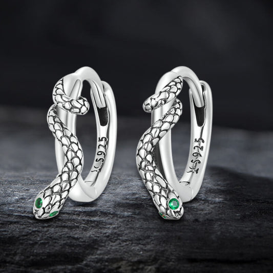Green Eyed Snake Sterling Silver Hoop Earrings