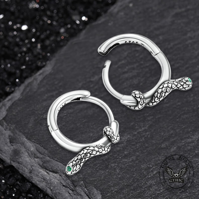 Green Eyed Snake Sterling Silver Hoop Earrings