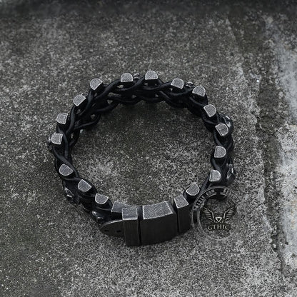 Woven Leather Stainless Steel Skull Bracelet