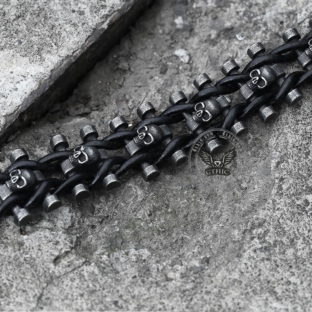 Woven Leather Stainless Steel Skull Bracelet