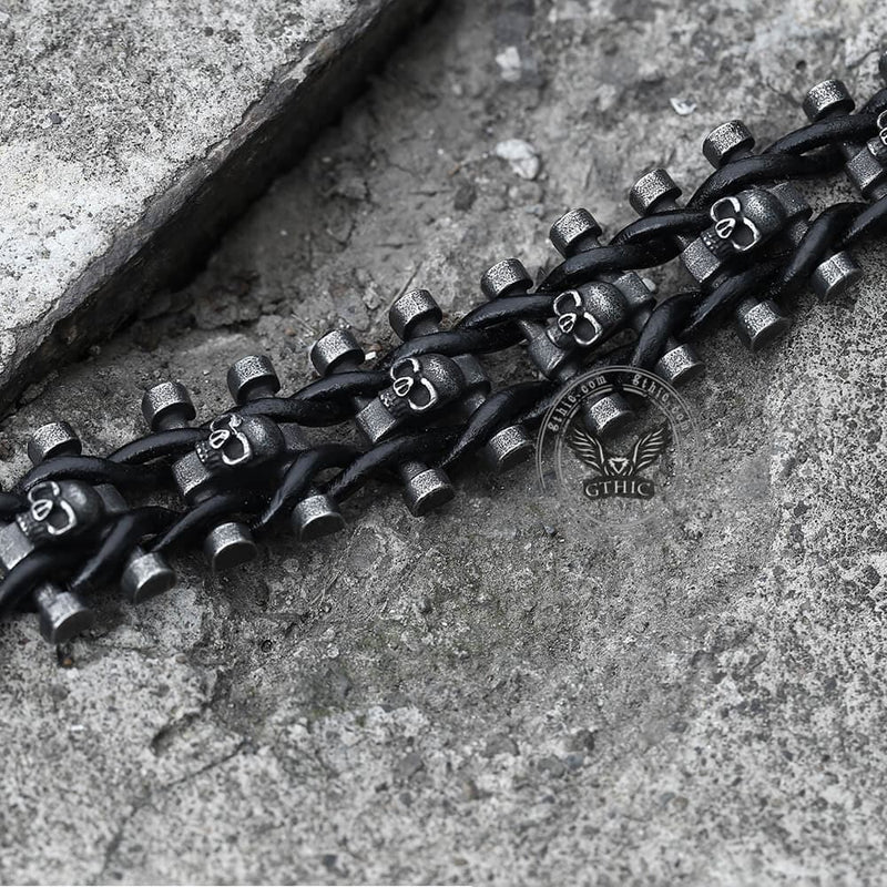 Woven Leather Stainless Steel Skull Bracelet