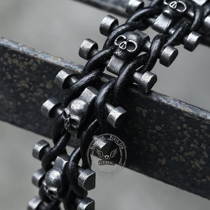 Woven Leather Stainless Steel Skull Bracelet