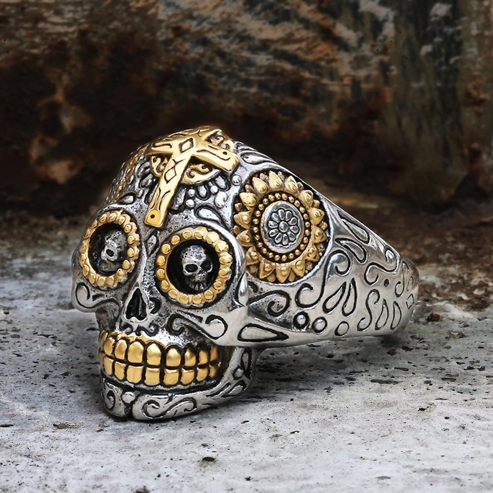 Cross Sugar Skull Ring