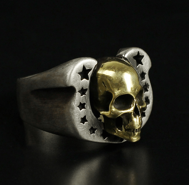 Horseshoe Pentagram Brass Skull Ring