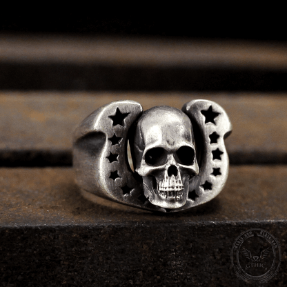Horseshoe Pentagram Brass Skull Ring