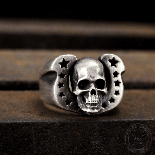 Horseshoe Pentagram Brass Skull Ring