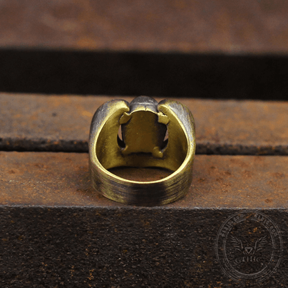Horseshoe Pentagram Brass Skull Ring