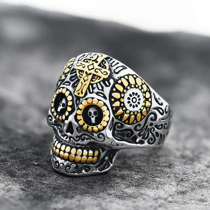 Cross Stainless Steel Sugar Skull Ring
