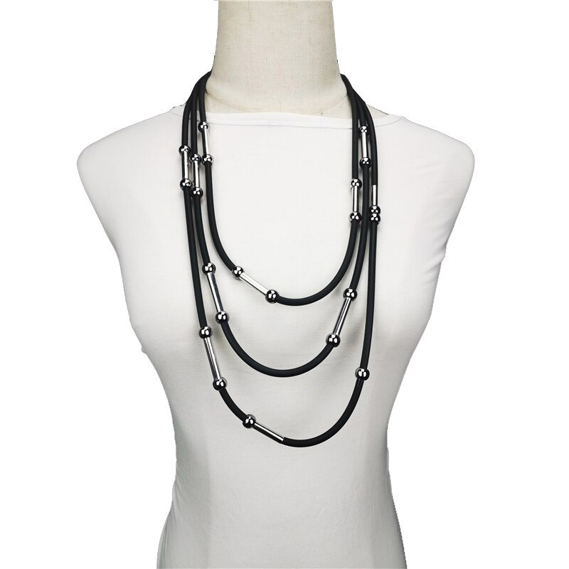 Handmade Rubber Necklaces / Black Rope Jewelry / Bohemia Statement Pendant Necklaces