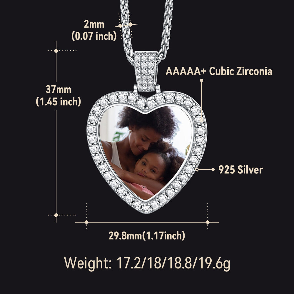 Sterling Silver Personalized Heart Picture Necklace Gift With Cubic Zirconia for