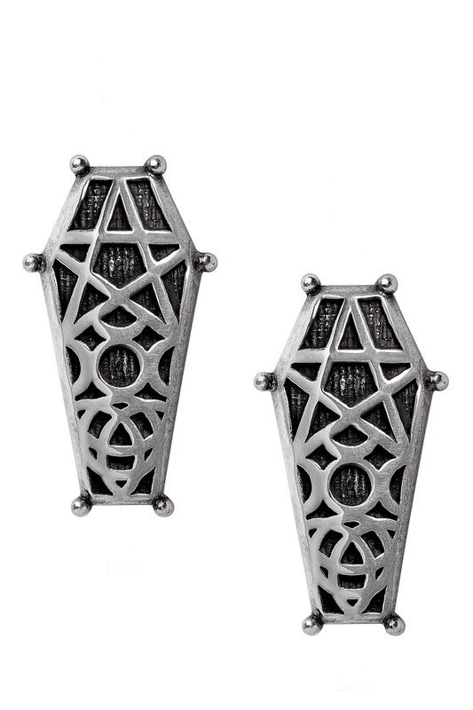 Hex Coffin Stud Earrings With Triple Moon and Pentagram