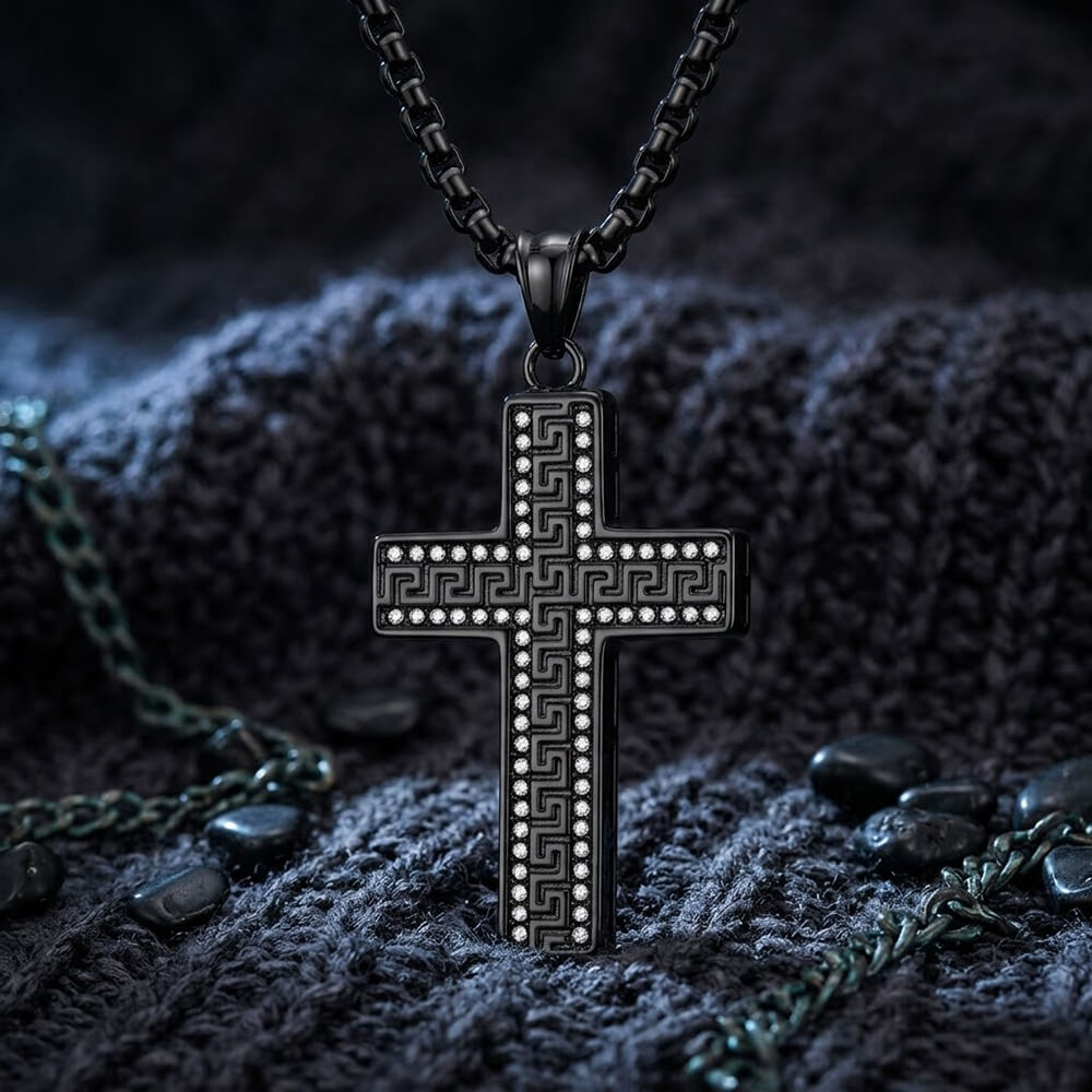 Hip Hop Great Wall Pattern Gem Cross Stainless Steel Pendant