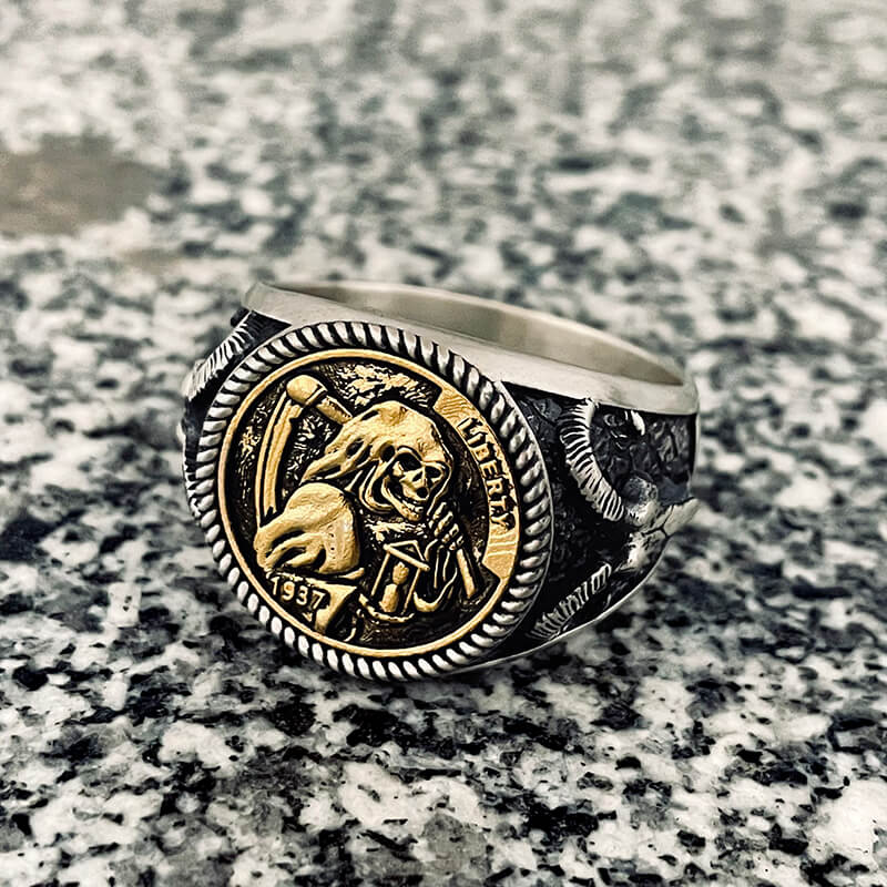 Hobo Nickel Grim Reaper Sterling Silver Skull Ring