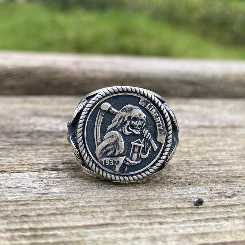 Hobo Nickel Grim Reaper Sterling Silver Skull Ring
