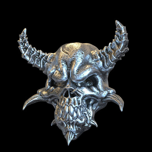 Horned Demon Skull Sterling Silver Ring